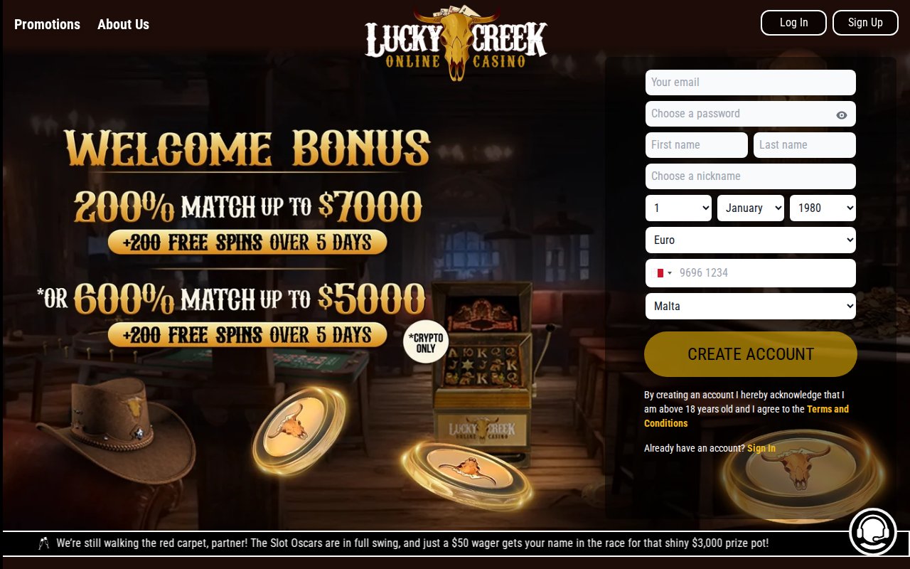 Lucky Creek Casino homepage screenshot