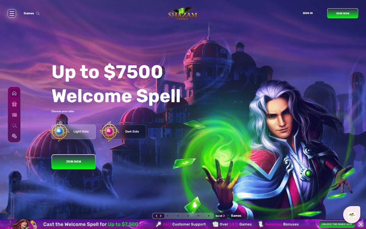 Shazam Casino homepage screenshot